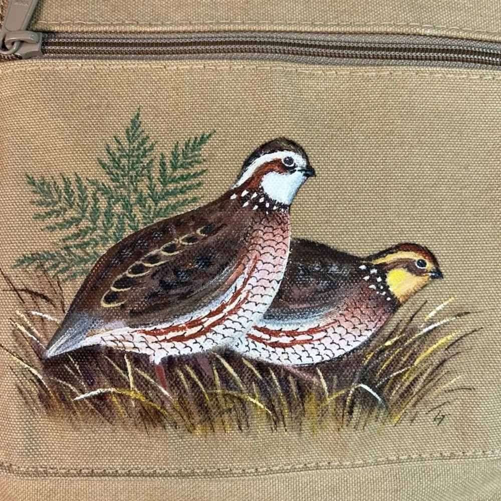Hand Painted Quail Bird Canvas Tote Bag Tan Zipper Pocket Snap Top Nature Theme